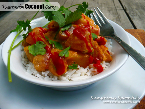 Watermelon Coconut Curry ~ don't toss those watermelon rinds - use them as a veggie in this marvelous curry!  #savemoney #curry #recipe