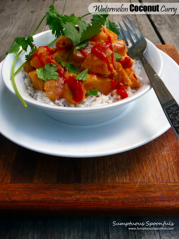 Watermelon Coconut Curry ~ don't toss those watermelon rinds - use them as a veggie in this marvelous curry!  #savemoney #curry #recipe