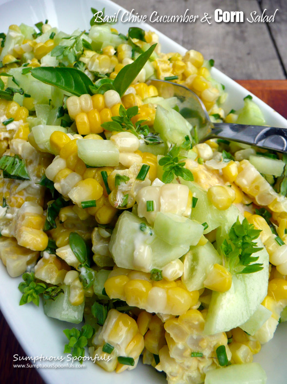 Basil Chive Cucumber & Corn Salad ~ Sumptuous Spoonfuls #cucumber #corn #basil #salad #recipe