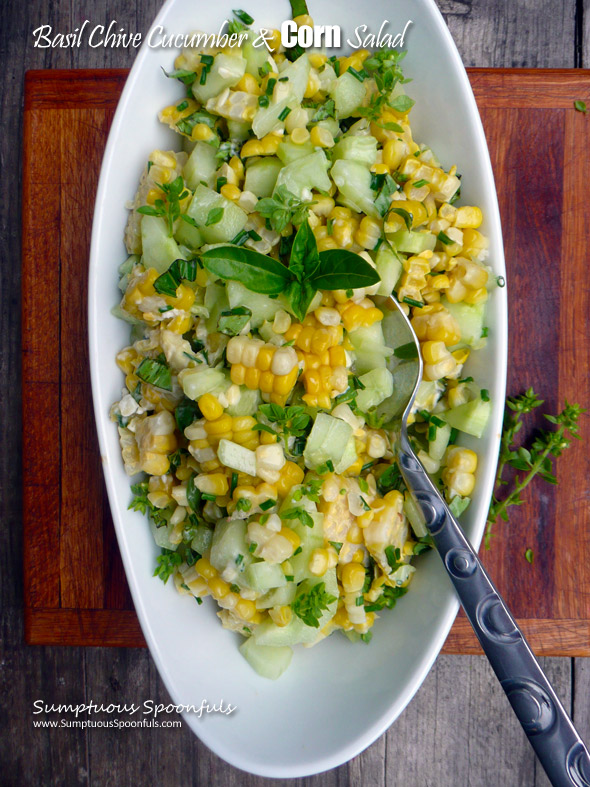 Basil Chive Cucumber & Corn Salad ~ Sumptuous Spoonfuls #cucumber #corn #basil #salad #recipe