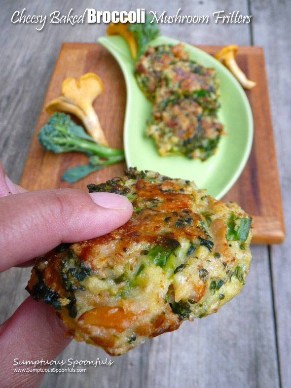 Cheesy Baked Broccoli Mushroom Fritters ~ Sumptuous Spoonfuls #broccoli #mushroom #recipe