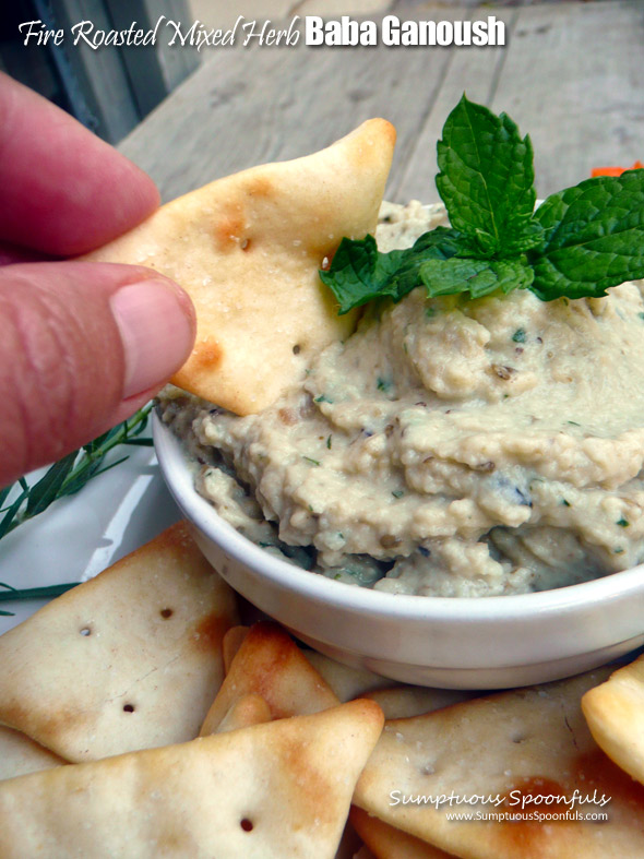 Fire Roasted Mixed Herb Baba Ganoush ~ Sumptuous Spoonfuls #garlic #tahini Middle Eastern #dip #recipe