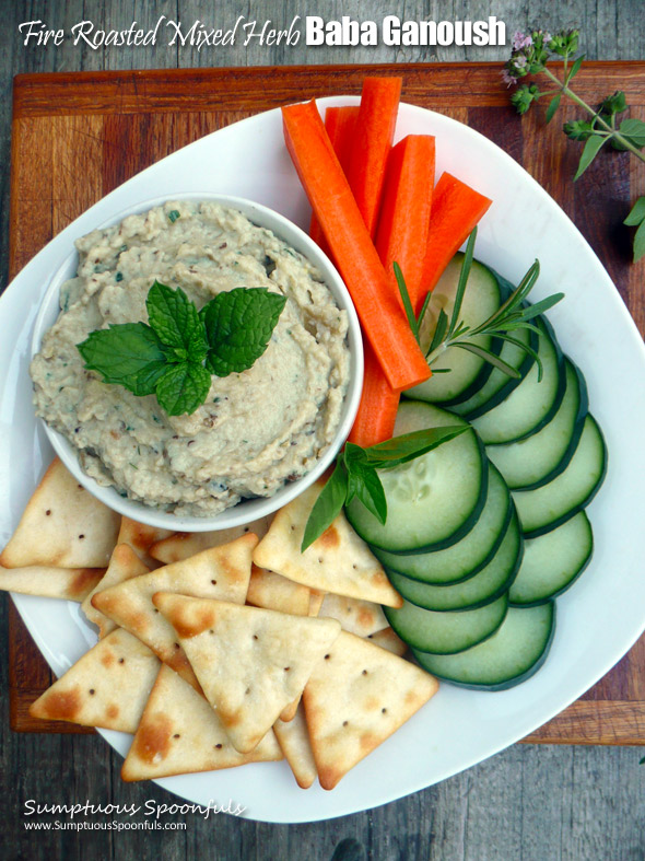 Fire Roasted Mixed Herb Baba Ganoush ~ Sumptuous Spoonfuls #garlic #tahini Middle Eastern #dip #recipe