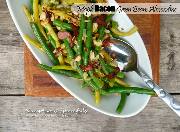 Maple Bacon Green Beans Almondine ~ Sumptuous Spoonfuls #sidedish #greenbeans #recipe