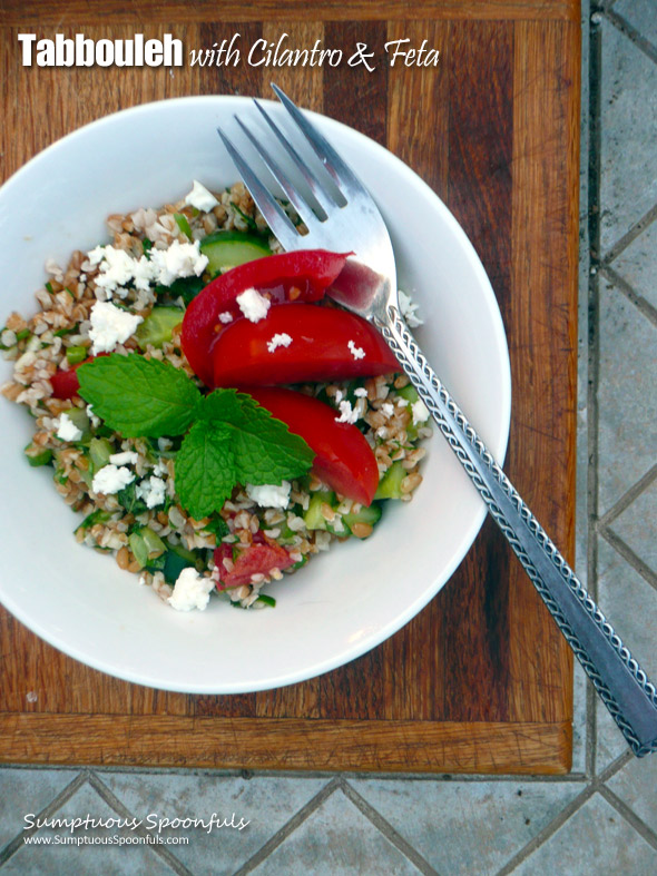 Tabbouleh with Cilantro & Feta ~ Sumptuous Spoonfuls #mediterranean #bulgur #salad #recipe
