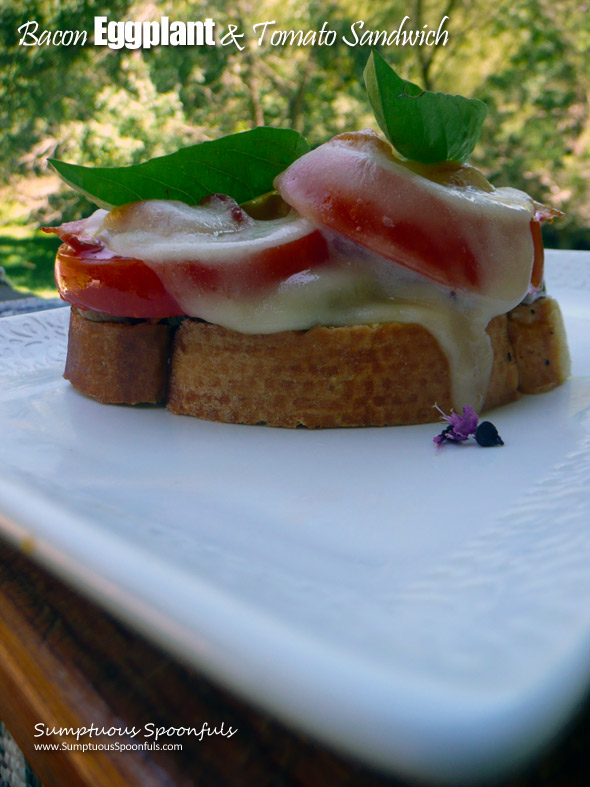 Bacon Eggplant & Tomato Sandwich with Smoked Provolone & Fresh Basil ~ Sumptuous Spoonfuls #easy #sandwich #recipe