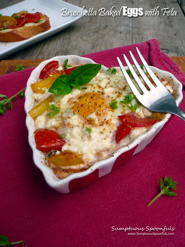 Bruschetta Baked Eggs with Feta Cheese ~ Sumptuous Spoonfuls #bruschetta #eggs #breakfast #recipe