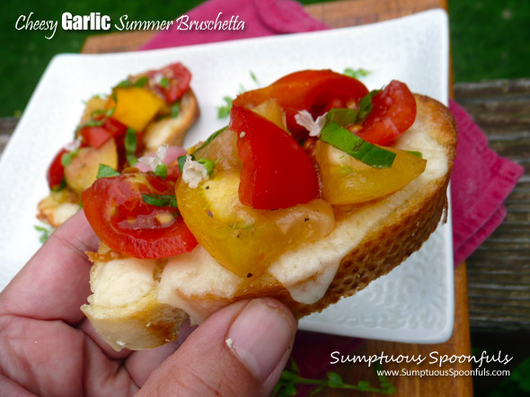 Cheesy Garlic Summer Bruschetta ~ Sumptuous Spoonfuls #tomato #bruschetta #garlic #basil #recipe