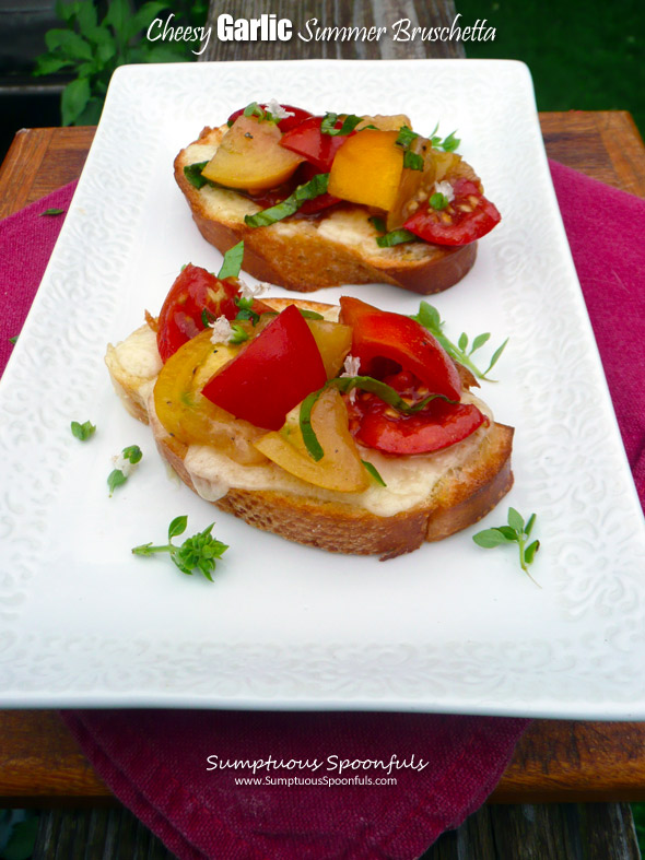 Cheesy Garlic Summer Bruschetta ~ Sumptuous Spoonfuls #tomato #bruschetta #garlic #basil #recipe
