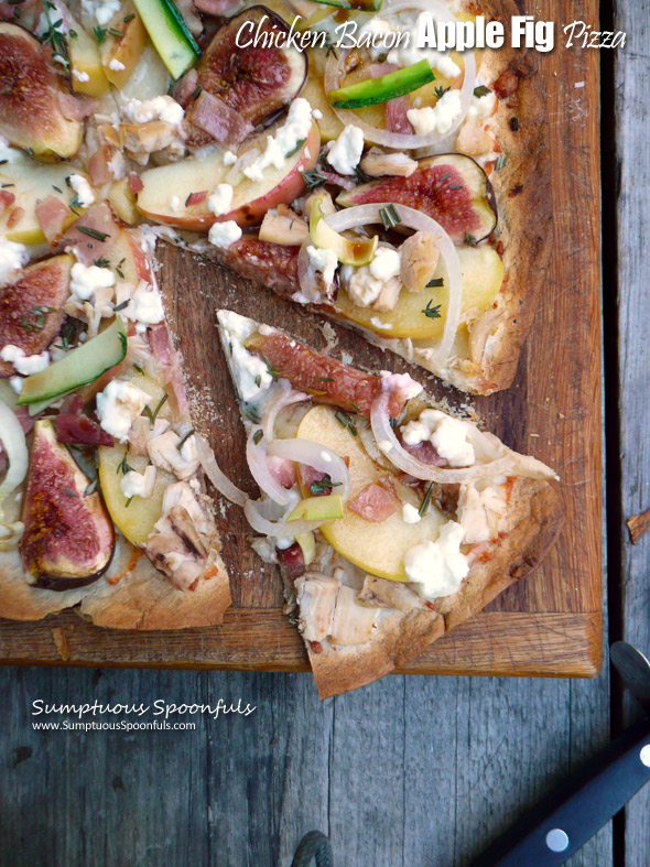 Chicken Bacon Apple Fig Pizza with Goat Cheese & Maple Balsamic Drizzle ~ Sumptuous Spoonfuls #easy #thincrust #pizza #recipe