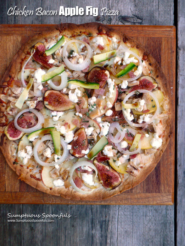 Chicken Bacon Apple Fig Pizza with Goat Cheese & Maple Balsamic Drizzle ~ Sumptuous Spoonfuls #easy #thincrust #pizza #recipe