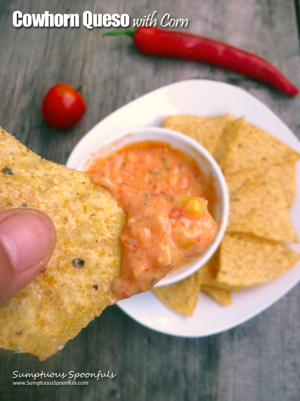 Cowhorn Queso with Corn ~ Sumptuous Spoonfuls #queso #cheese #dip #recipe