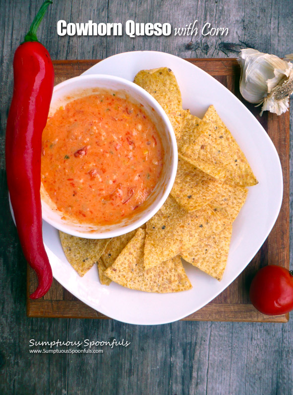 Cowhorn Queso with Corn ~ Sumptuous Spoonfuls #queso #cheese #dip #recipe
