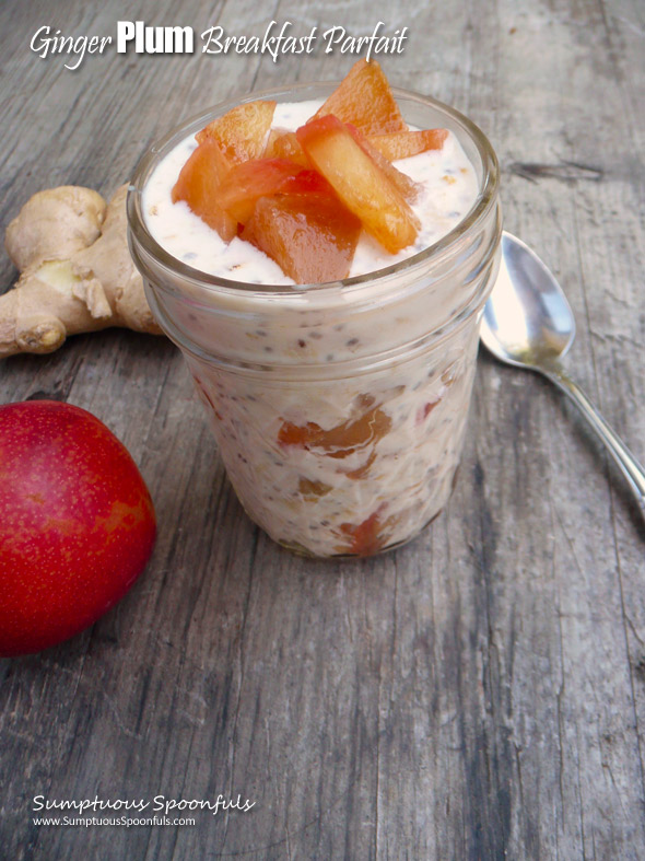 Ginger Plum Overnight Oatmeal Breakfast Parfait ~ Sumptuous Spoonfuls #makeahead #breakfast #recipe