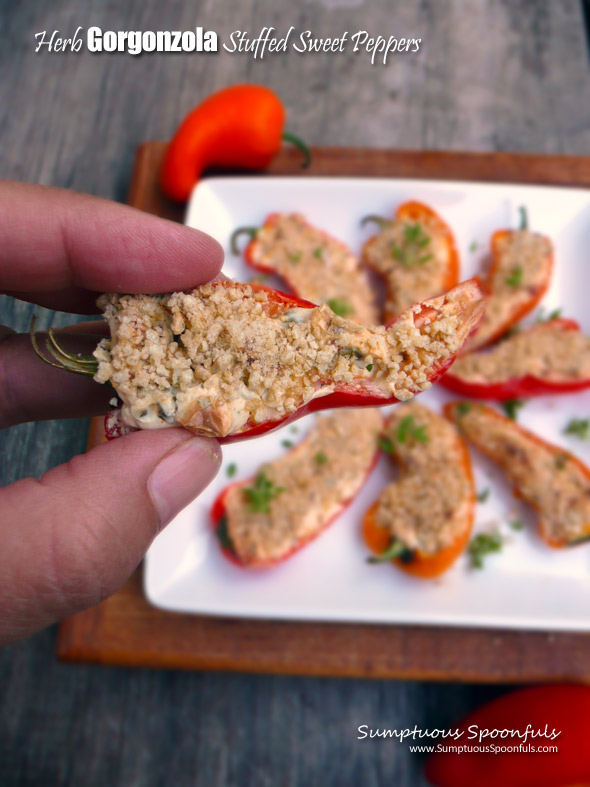 Herb Gorgonzola Stuffed Mini Sweet Peppers ~ Sumptuous Spoonfuls #cheese #stuffed #pepper #recipe