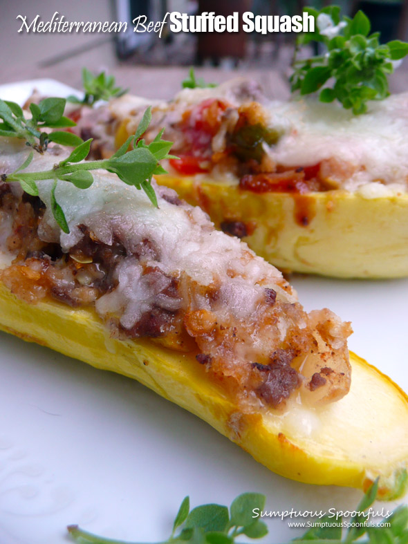 Mediterranean Beef Stuffed Summer Squash ~ Sumptuous Spoonfuls #stuffed #summer #squash #recipe