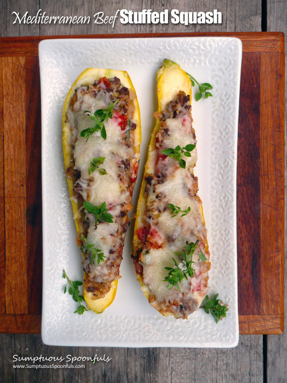 Mediterranean Beef Stuffed Summer Squash ~ Sumptuous Spoonfuls #stuffed #summer #squash #recipe