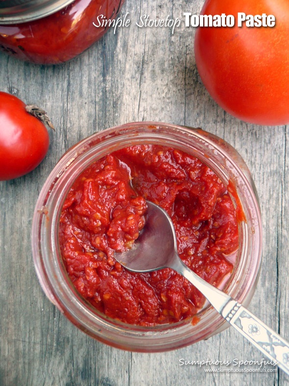 Simple Stovetop Tomato Paste Recipe ~ Sumptuous Spoonfuls #homemade #tomato #paste #recipe