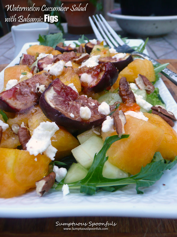 Watermelon Cucumber Salad with Balsamic Roasted Figs, Goat Cheese & Pecans ~ Sumptuous Spoonfuls #watermelon #fig #salad #recipe