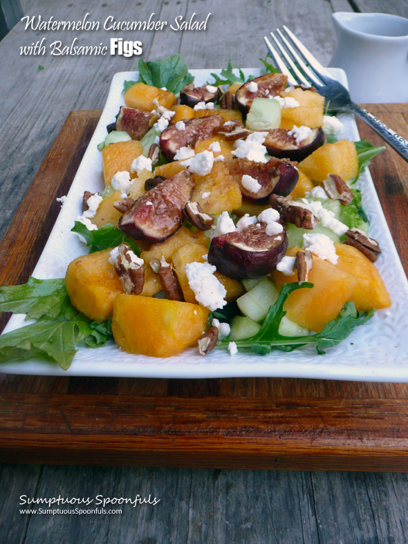 Watermelon Cucumber Salad with Balsamic Roasted Figs, Goat Cheese & Pecans ~ Sumptuous Spoonfuls #watermelon #fig #salad #recipe