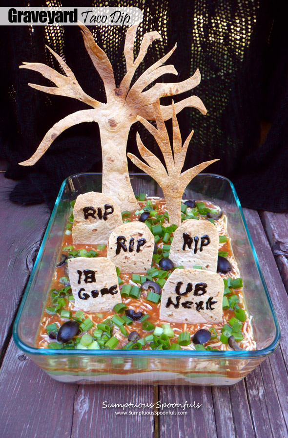 Graveyard Taco Dip ~ Sumptuous Spoonfuls #Halloween #layer #dip #recipe