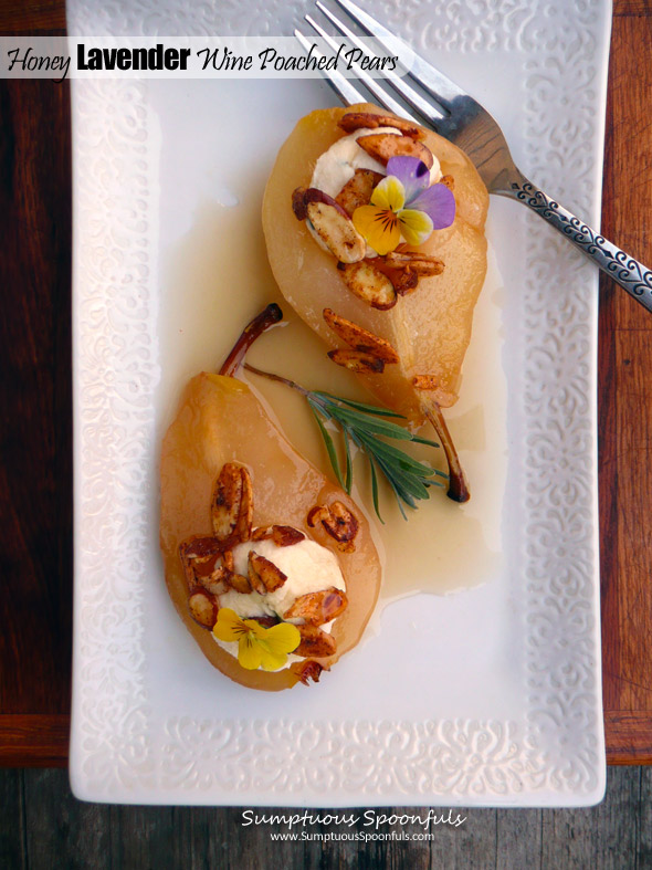Honey Lavender White Wine Poached Pears ~ Sumptuous Spoonfuls #elegant #easy #dessert #recipe