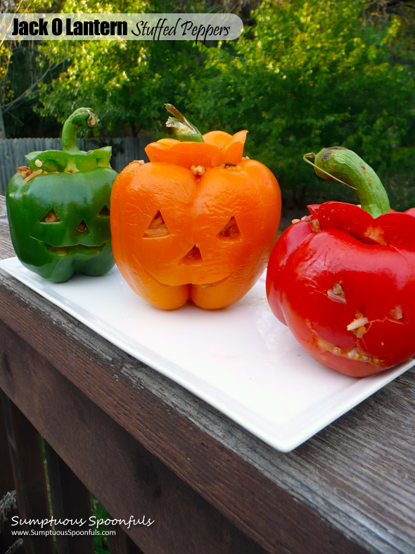 Jack O Lantern Stuffed Peppers ~ Sumptuous Spoonfuls #Italian #beef #stuffed #Hallowwen #peppers #recipe