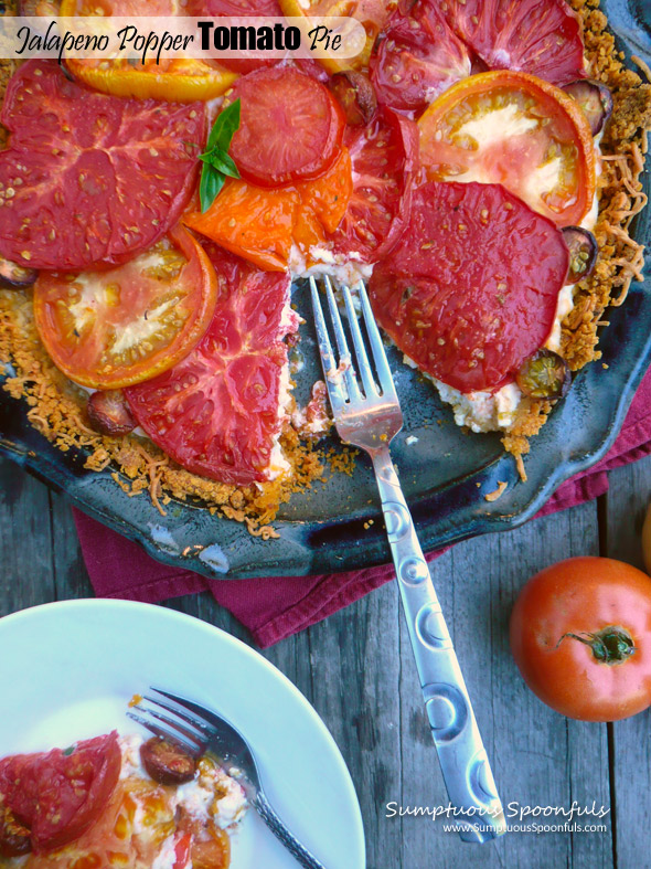 Jalapeno Popper Tomato Pie with Cheddar Bacon Crust {Healthier version} ~ Sumptuous Spoonfuls #healthy #tomato #pie #recipe w #greekyogurt Jalapeno Popper Tomato Pie with Cheddar Bacon Crust {Healthier version} ~ Sumptuous Spoonfuls #healthy #tomato #pie #recipe w #greekyogurt