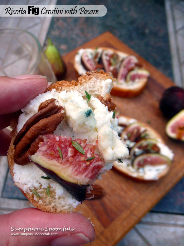 Ricotta Fig Crostini with Pecans & Gorgonzola ~ Sumptuous Spoonfuls #cheesy #fig #appetizer #recipe