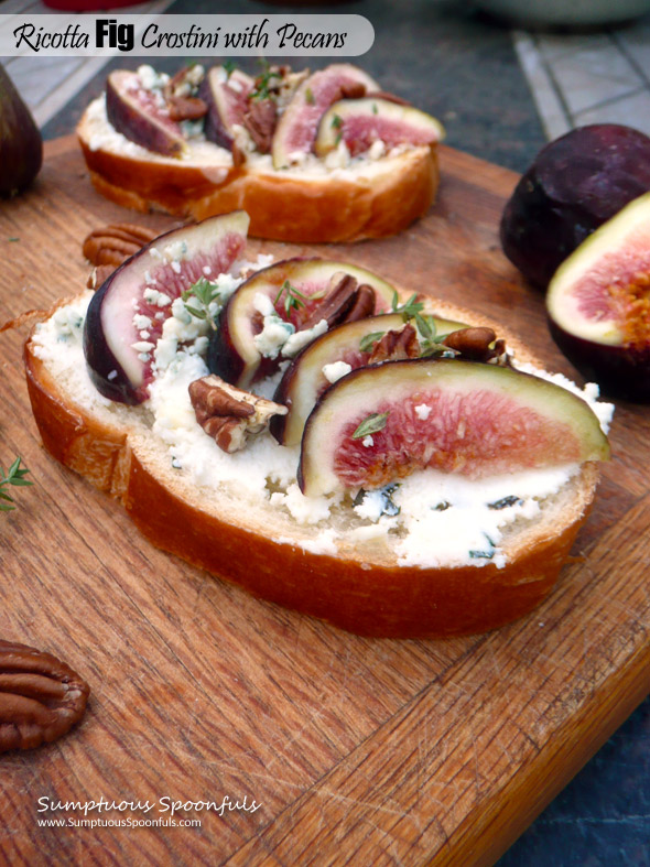 Ricotta Fig Crostini with Pecans & Gorgonzola ~ Sumptuous Spoonfuls #cheesy #fig #appetizer #recipe