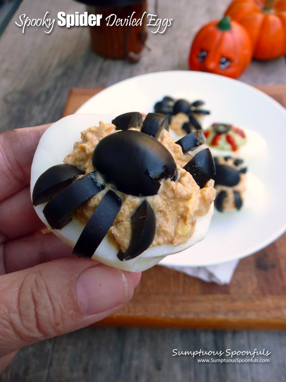 Spooky Spider Deviled Eggs ~ Sumptuous Spoonfuls #Halloween #Appetizer #Recipe