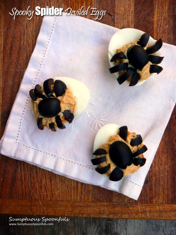 Spooky Spider Deviled Eggs ~ Sumptuous Spoonfuls #Halloween #Appetizer #Recipe