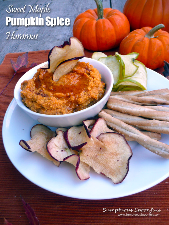 Sweet Maple Pumpkin Spice Hummus ~ Sumptuous Spoonfuls #sweet #autumn #hummus #recipe