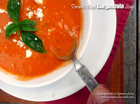 Tomato Basil Gorgonzola Soup ~ Sumptuous Spoonfuls #homemade #tomato #gorgonzola #cheese #soup #recipe