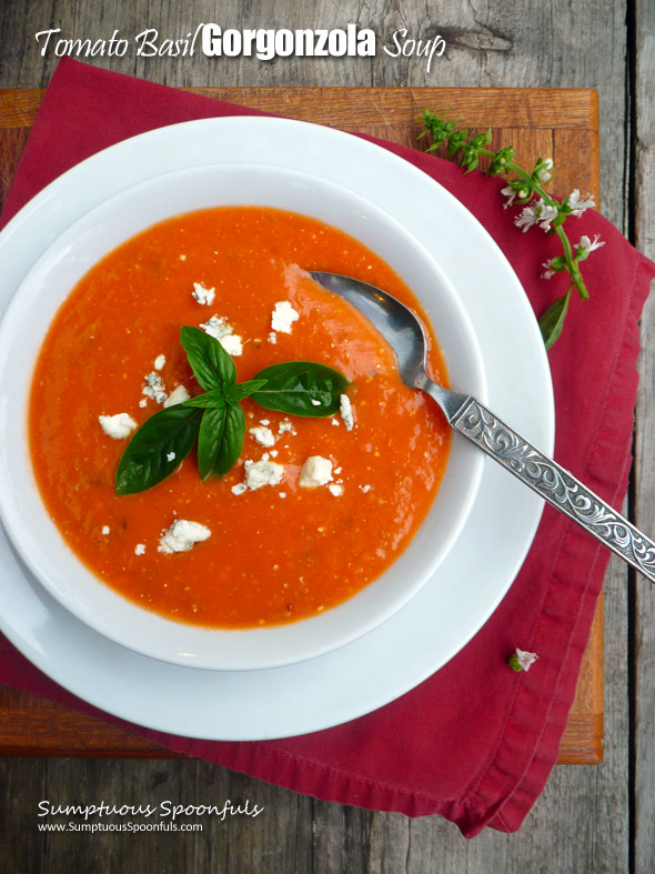 Tomato Basil Gorgonzola Soup ~ Sumptuous Spoonfuls #homemade #tomato #gorgonzola #cheese #soup #recipe