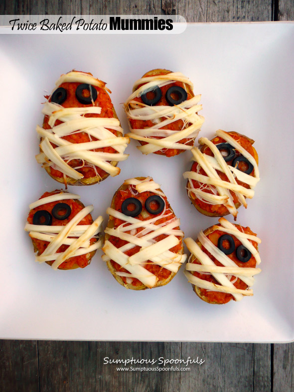 Twice Baked Potato Mummies ~ Sumptuous Spoonfuls #healthy #Halloween #recipe #glutenfree