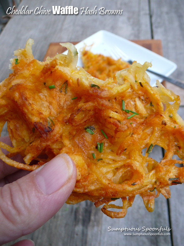 Cheddar Chive Waffle Hash Browns ~ Sumptuous Spoonfuls #perfectly #crispy #easy #hashbrowns #recipe