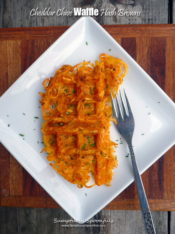 Cheddar Chive Waffle Hash Browns ~ Sumptuous Spoonfuls #perfectly #crispy #easy #hashbrowns #recipe