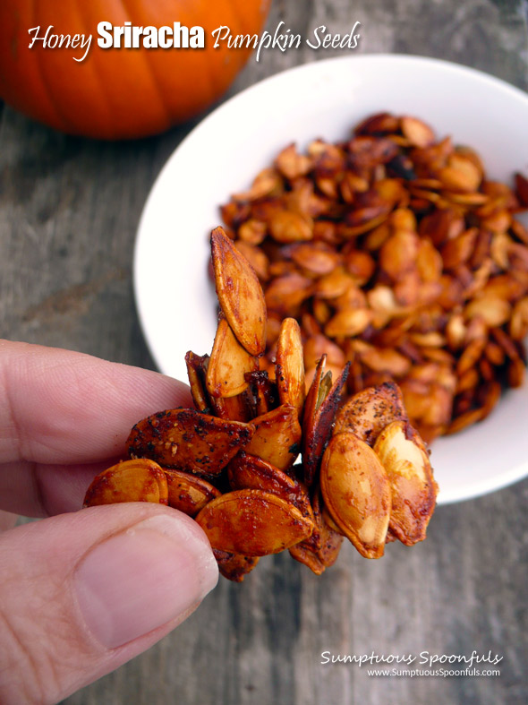 Honey Sriracha Roasted Pumpkin Seeds ~ Sumptuous Spoonfuls #easy #spicy #sweet #roasted #pumpkin #seeds #recipe