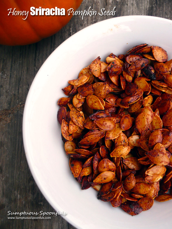 Honey Sriracha Roasted Pumpkin Seeds ~ Sumptuous Spoonfuls #easy #spicy #sweet #roasted #pumpkin #seeds #recipe