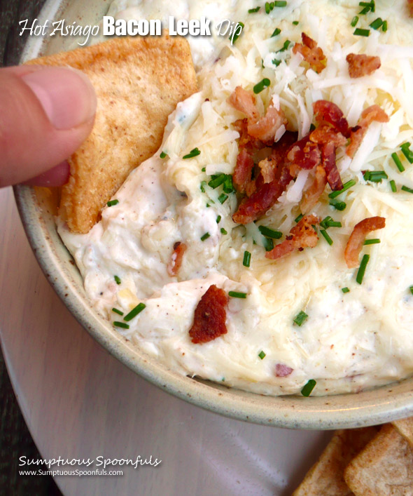 Hot Asiago Bacon Leek Dip ~ Sumptuous Spoonfuls #creamy #Greekyogurt  #bacon #leek #dip #recipe