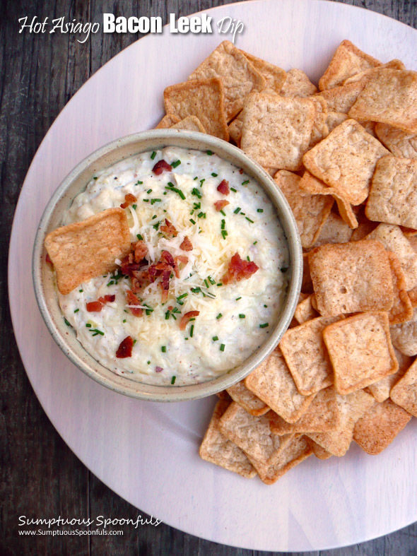 Hot Asiago Bacon Leek Dip ~ Sumptuous Spoonfuls #creamy #Greekyogurt  #bacon #leek #dip #recipe