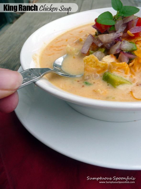 King Ranch Chicken Soup ~ Sumptuous Spoonfuls #cheesy #green #chile #chicken #soup #recipe