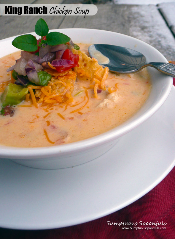 King Ranch Chicken Soup ~ Sumptuous Spoonfuls #cheesy #green #chile #chicken #soup #recipe