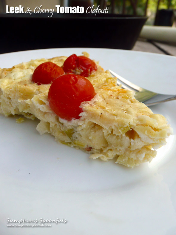 Leek & Cherry Tomato Clafouti ~ Sumptuous Spoonfuls #crustless #savory #French #egg #recipe