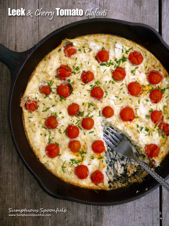 Leek & Cherry Tomato Clafouti ~ Sumptuous Spoonfuls #crustless #savory #French #egg #recipe