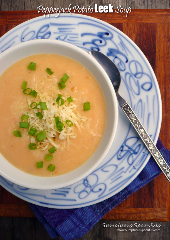 Pepperjack Potato Leek Soup ~ Sumptuous Spoonfuls#cheesy #potato #leek #soup #recipe #glutenfree