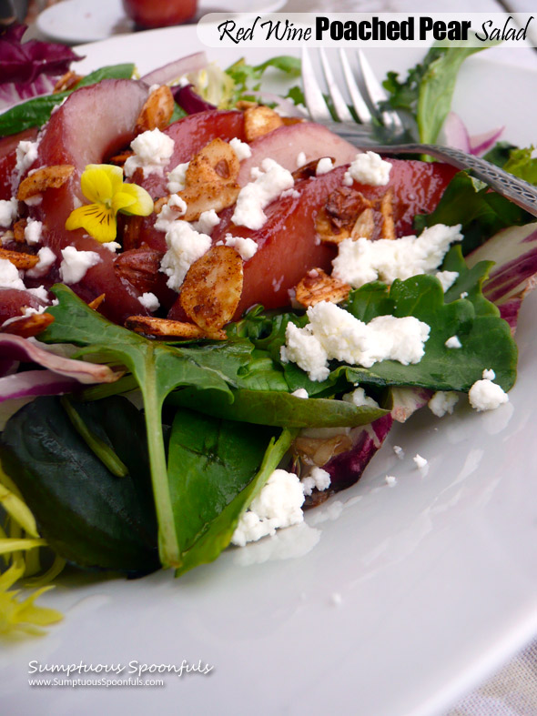 Red Wine Poached Pear Salad with Goat Cheese, Cinnamon Roasted Almonds and a Red Wine Pear Vinaigrette ~ Sumptuous Spoonfuls #elegant #pear #salad #recipe