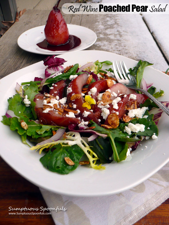 Red Wine Poached Pear Salad with Goat Cheese, Cinnamon Roasted Almonds and a Red Wine Pear Vinaigrette ~ Sumptuous Spoonfuls #elegant #pear #salad #recipe