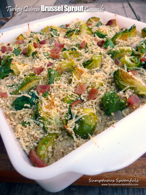 Turkey Quinoa Brussel Sprout Casserole with Mushrooms, Smoked Gouda & Bacon ~ Sumptuous Spoonfuls #comfortfood #leftovers #recipe
